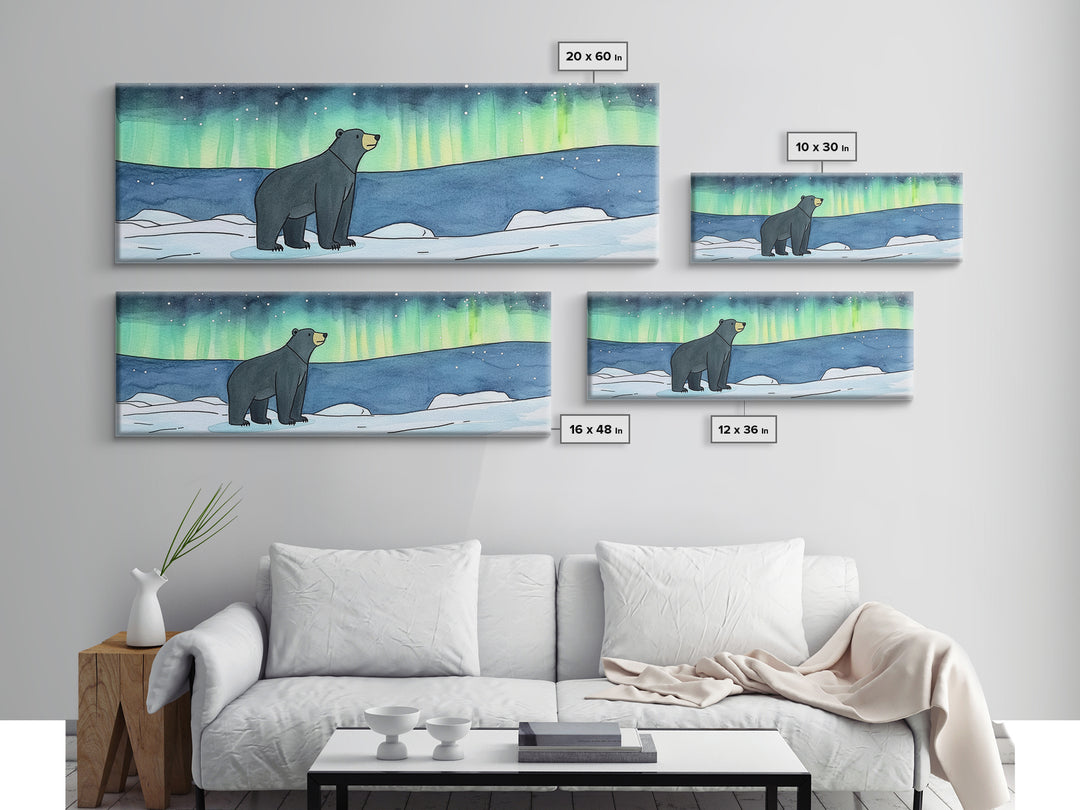 Polar Bear Under Northern Lights Wall Art, Arctic Wildlife Print, Winter Nursery Decor, Blue Green Landscape Gift For Cabin Decor