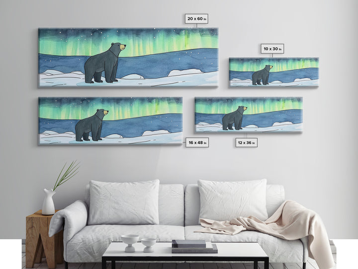 Polar Bear Under Northern Lights Wall Art, Arctic Wildlife Print, Winter Nursery Decor, Blue Green Landscape Gift For Cabin Decor
