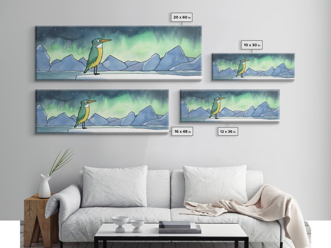 Green Kingfisher Under Northern Lights Wall Art, Arctic Bird Canvas Print, Wildlife Nursery Decor, Mountain Lake Art Print