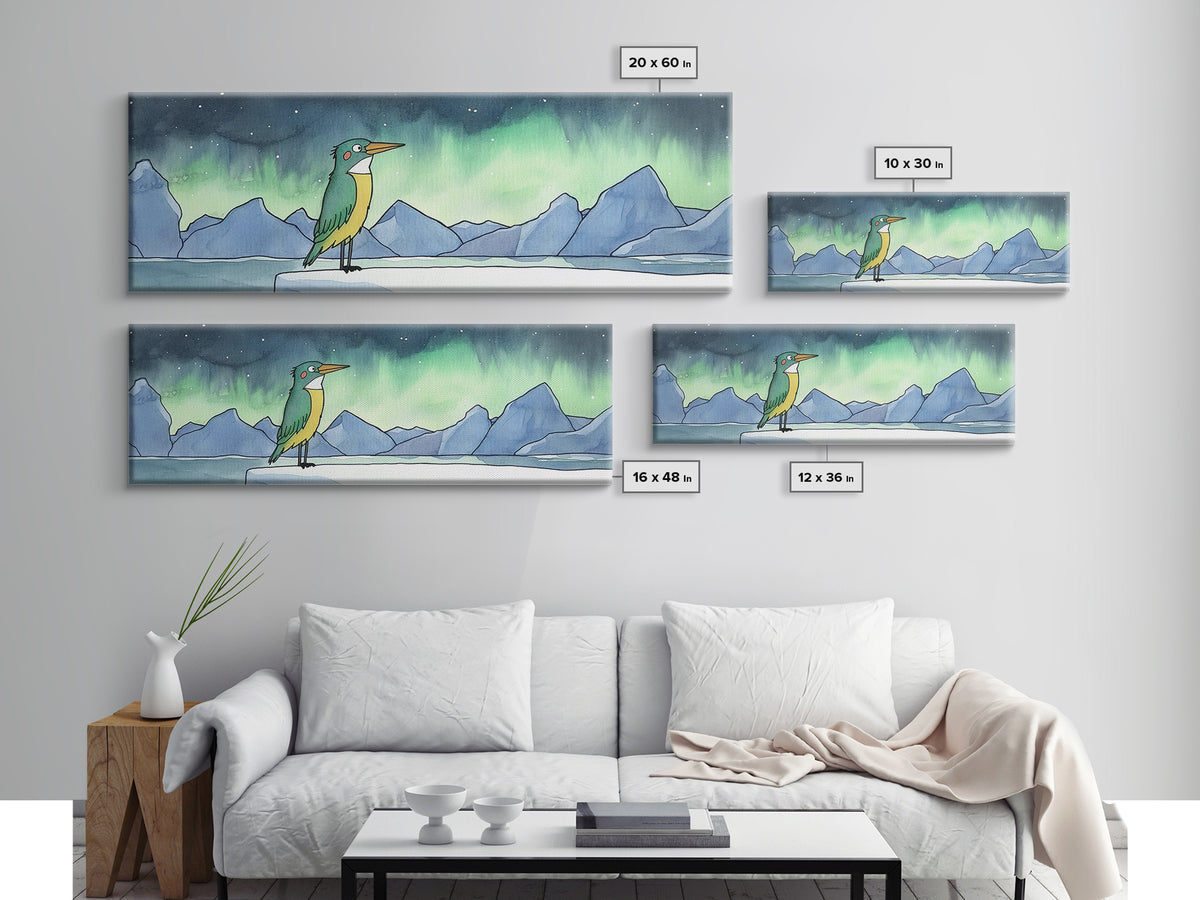 Green Kingfisher Under Northern Lights Wall Art, Arctic Bird Canvas Print, Wildlife Nursery Decor, Mountain Lake Art Print