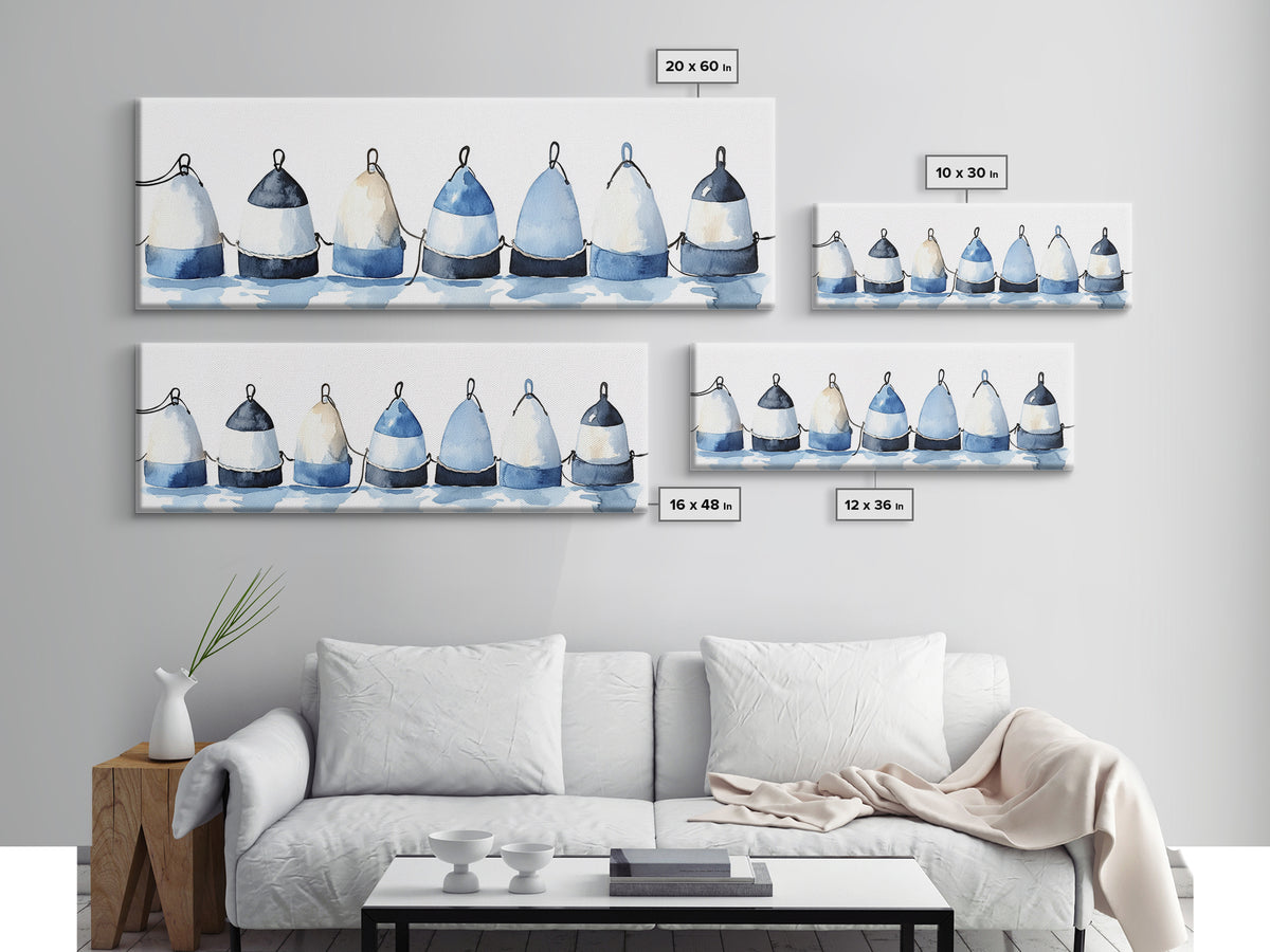 Blue And White Fishing Buoys Wall Art, Nautical Canvas Print, Coastal Bathroom Decor, Beach House Gallery Print, Ocean Wall Decor