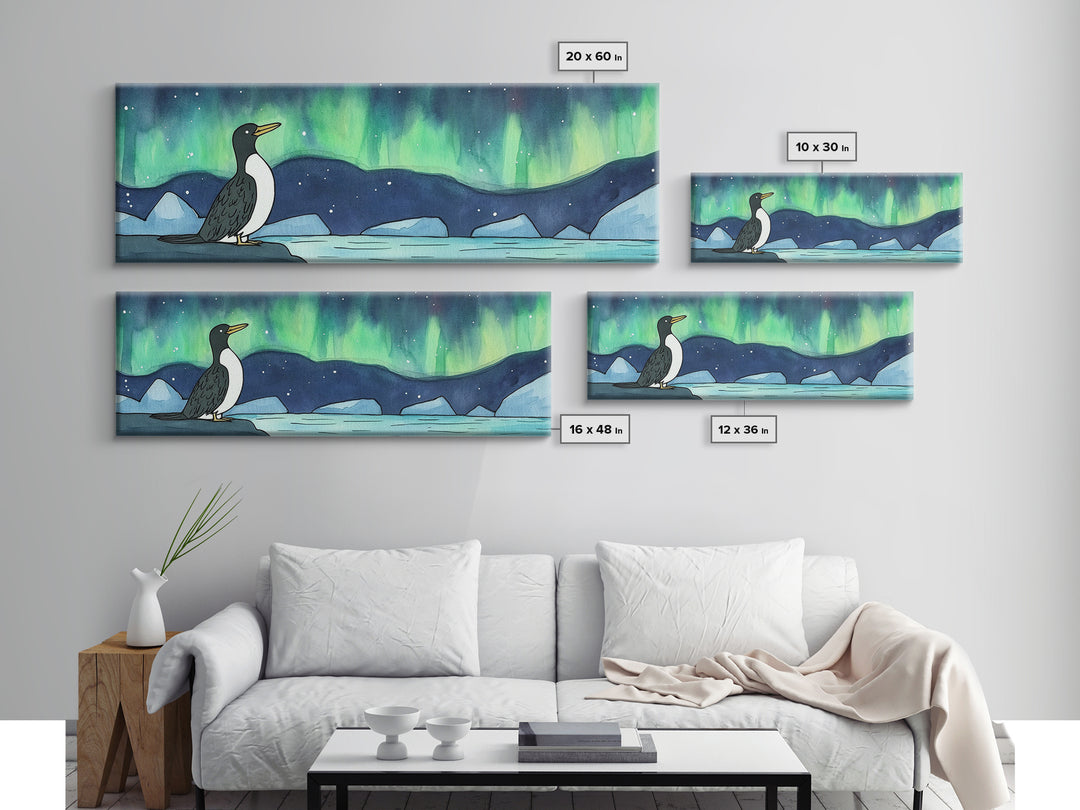 Penguin Under Northern Lights Wall Art, Arctic Bird Canvas Print, Whimsical Nursery Decor, Winter Ocean Landscape Art Print