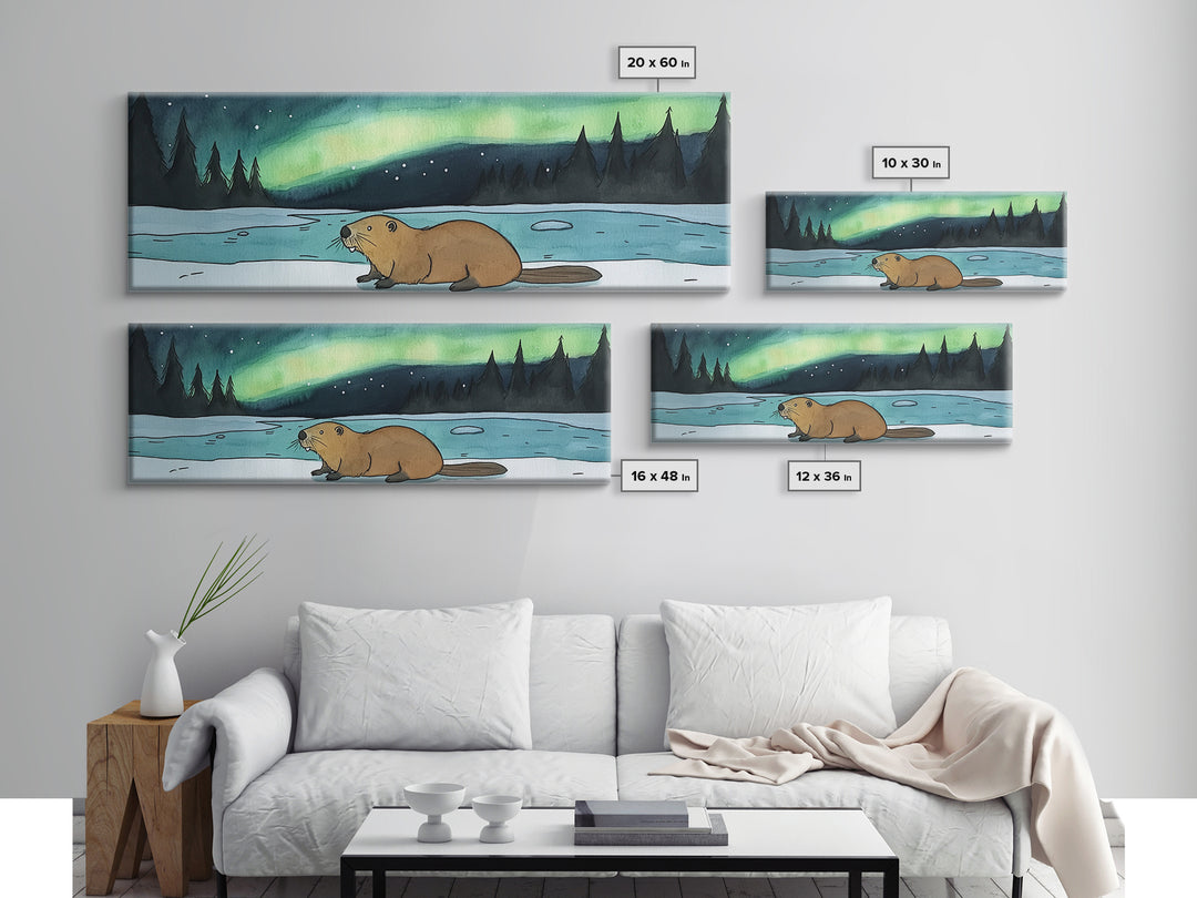 Beaver By Frozen Lake Wall Art, Northern Lights Canvas Print, Woodland Animal Decor, Rustic Cabin Winter Landscape Art Print