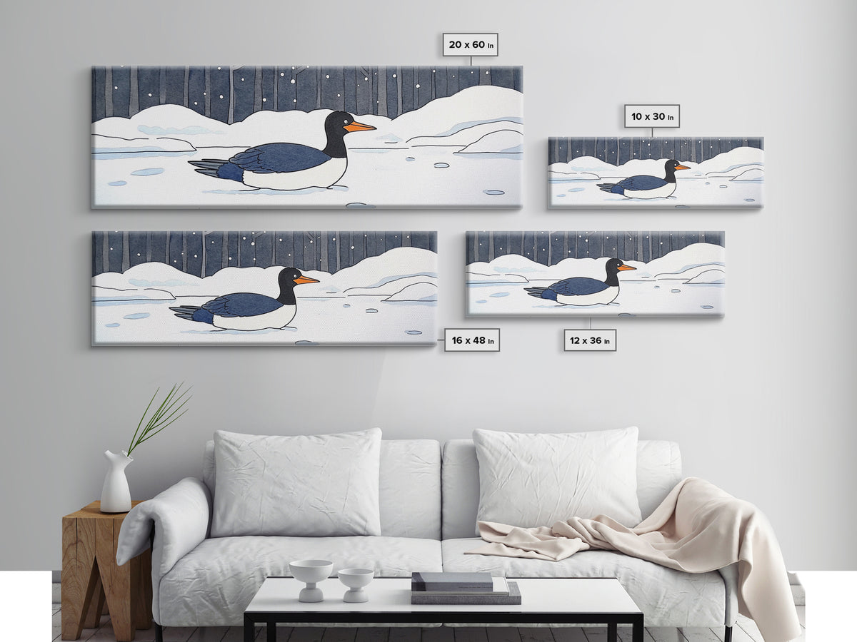 Black And White Duck In Snow Wall Art, Winter Bird Canvas Print, Minimalist Nursery Decor, Cozy Lake House Wildlife Art Print