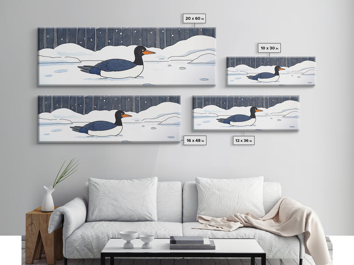 Black And White Duck In Snow Wall Art, Winter Bird Canvas Print, Minimalist Nursery Decor, Cozy Lake House Wildlife Art Print