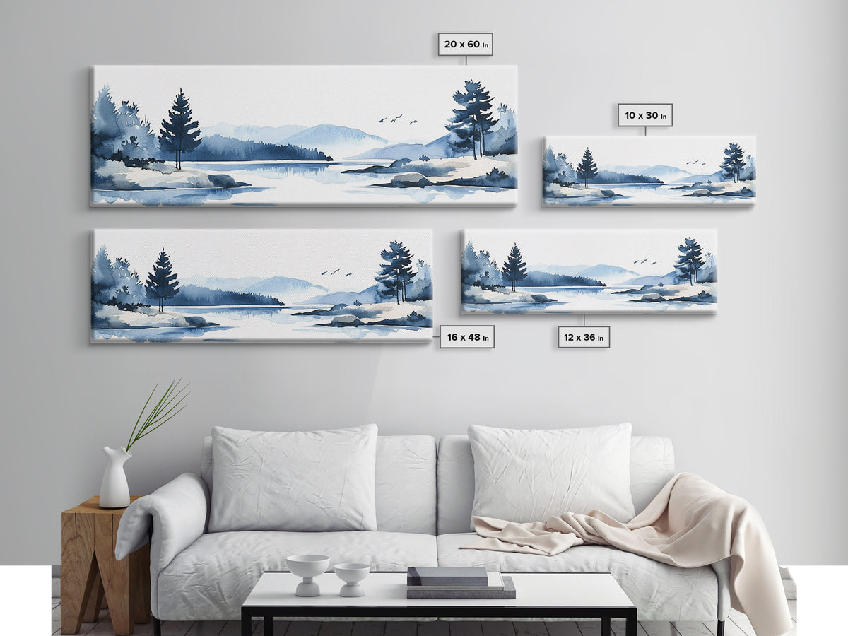 Blue Winter Lake And Pine Trees Wall Art, Watercolor Mountain Landscape Print, Coastal Cabin Decor, Serene Living Room Art