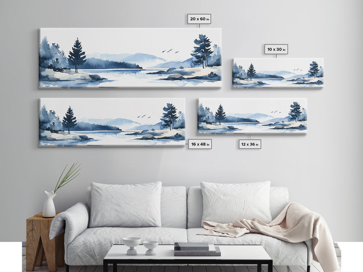Blue Winter Lake And Pine Trees Wall Art, Watercolor Mountain Landscape Print, Coastal Cabin Decor, Serene Living Room Art