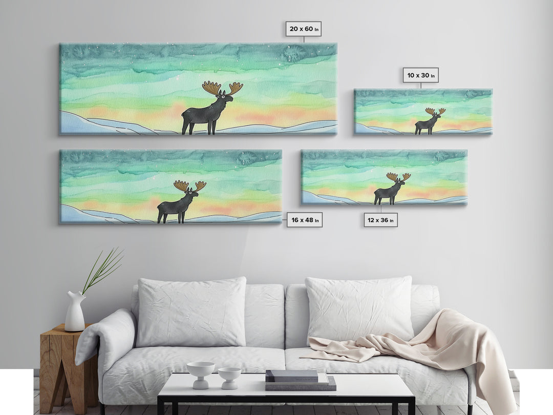 Moose Beneath Northern Lights Framed Canvas Print, Aurora Borealis Wall Art, Winter Wildlife Decor, Cabin Nursery Art Gift