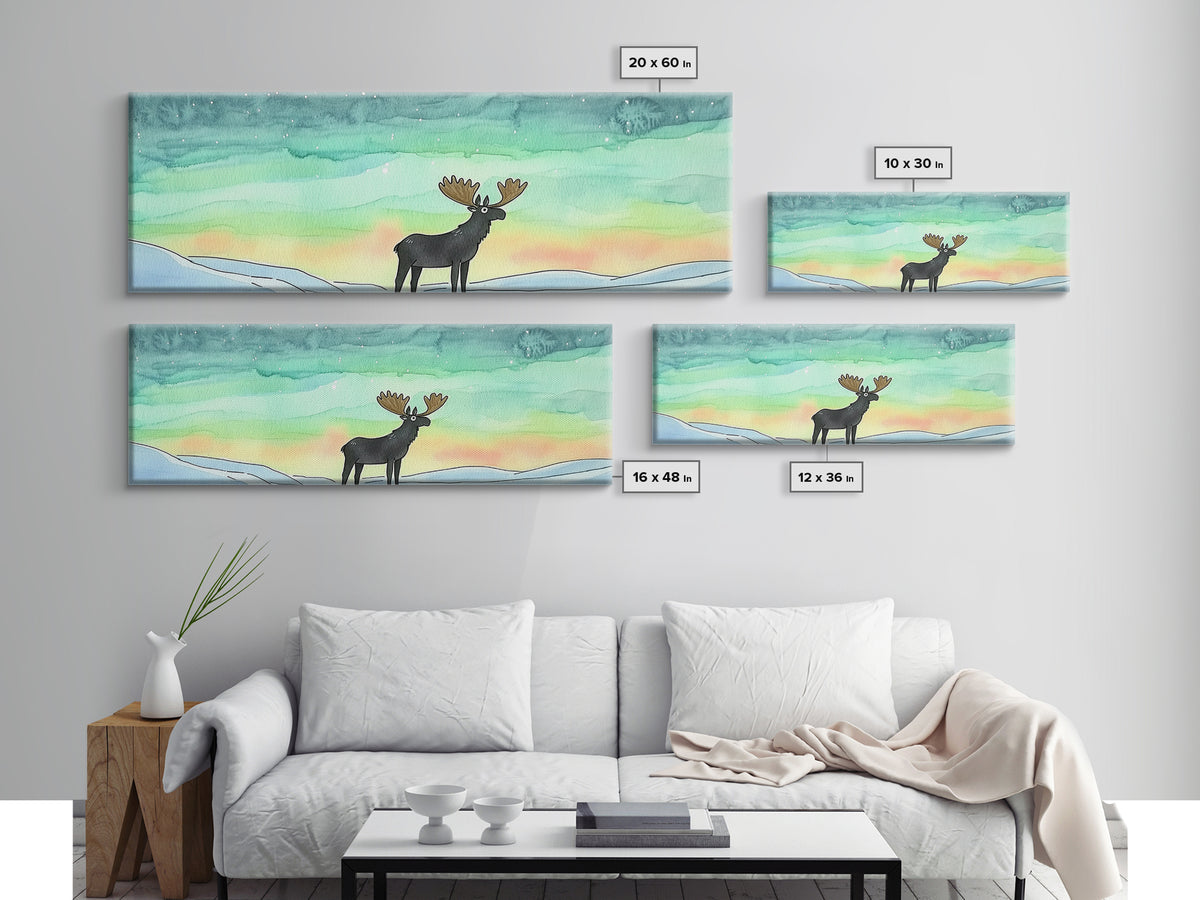 Moose Beneath Northern Lights Framed Canvas Print, Aurora Borealis Wall Art, Winter Wildlife Decor, Cabin Nursery Art Gift