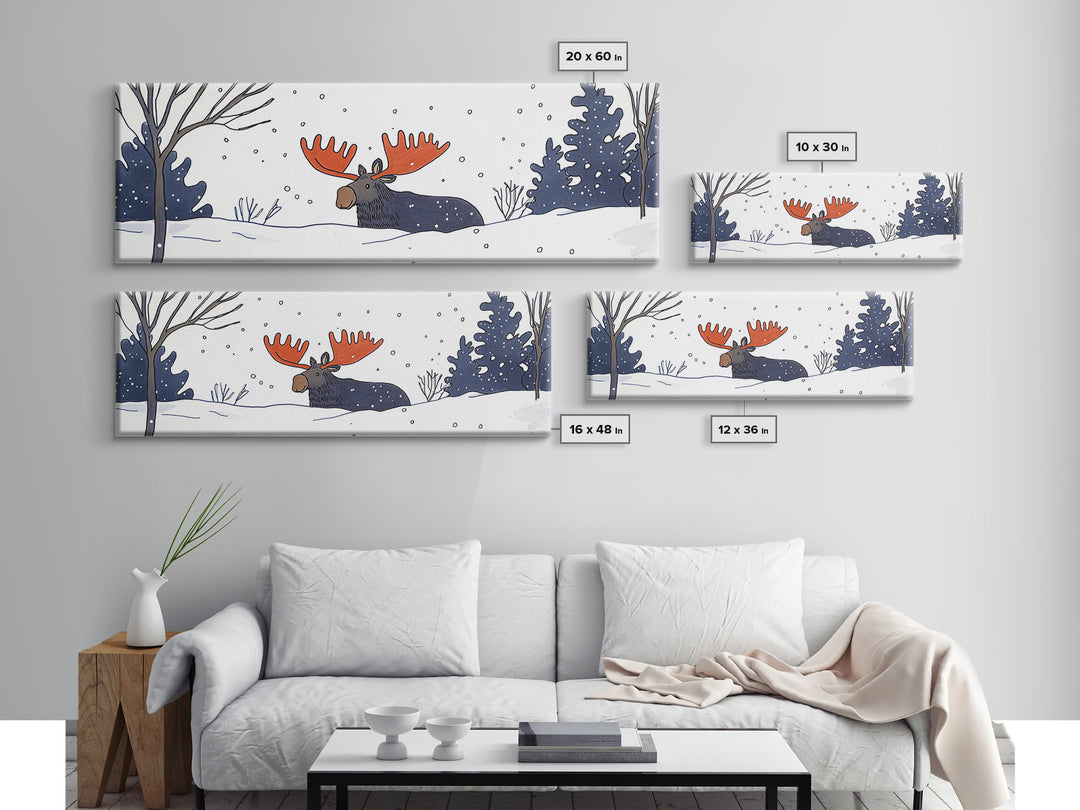 Whimsical Moose In Falling Snow Wall Art, Winter Animal Canvas Print, Cute Nursery Room Decor, Woodland Cabin Gift For Kids