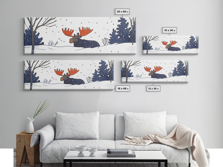 Whimsical Moose In Falling Snow Wall Art, Winter Animal Canvas Print, Cute Nursery Room Decor, Woodland Cabin Gift For Kids