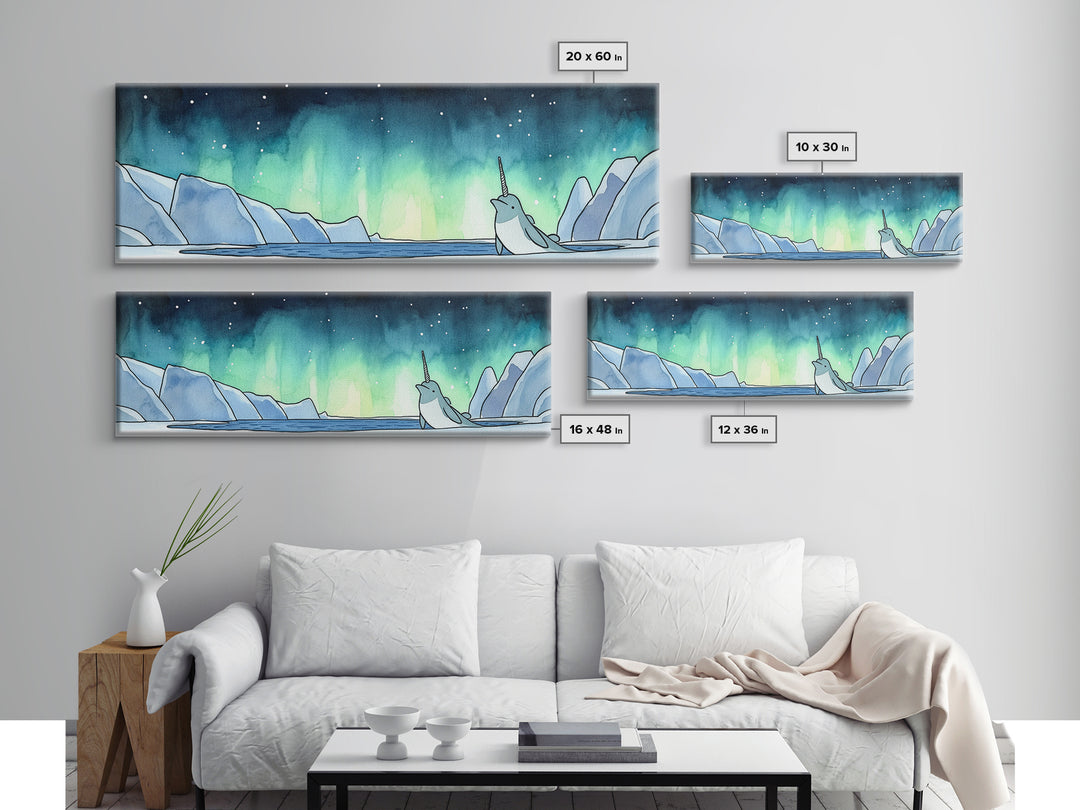 Narwhal In Icy Arctic Waters Wall Art, Northern Lights Ocean Print, Whimsical Nursery Decor, Coastal Kids Room Art Gift