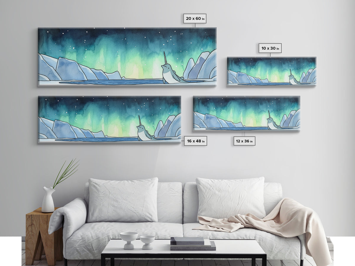 Narwhal In Icy Arctic Waters Wall Art, Northern Lights Ocean Print, Whimsical Nursery Decor, Coastal Kids Room Art Gift