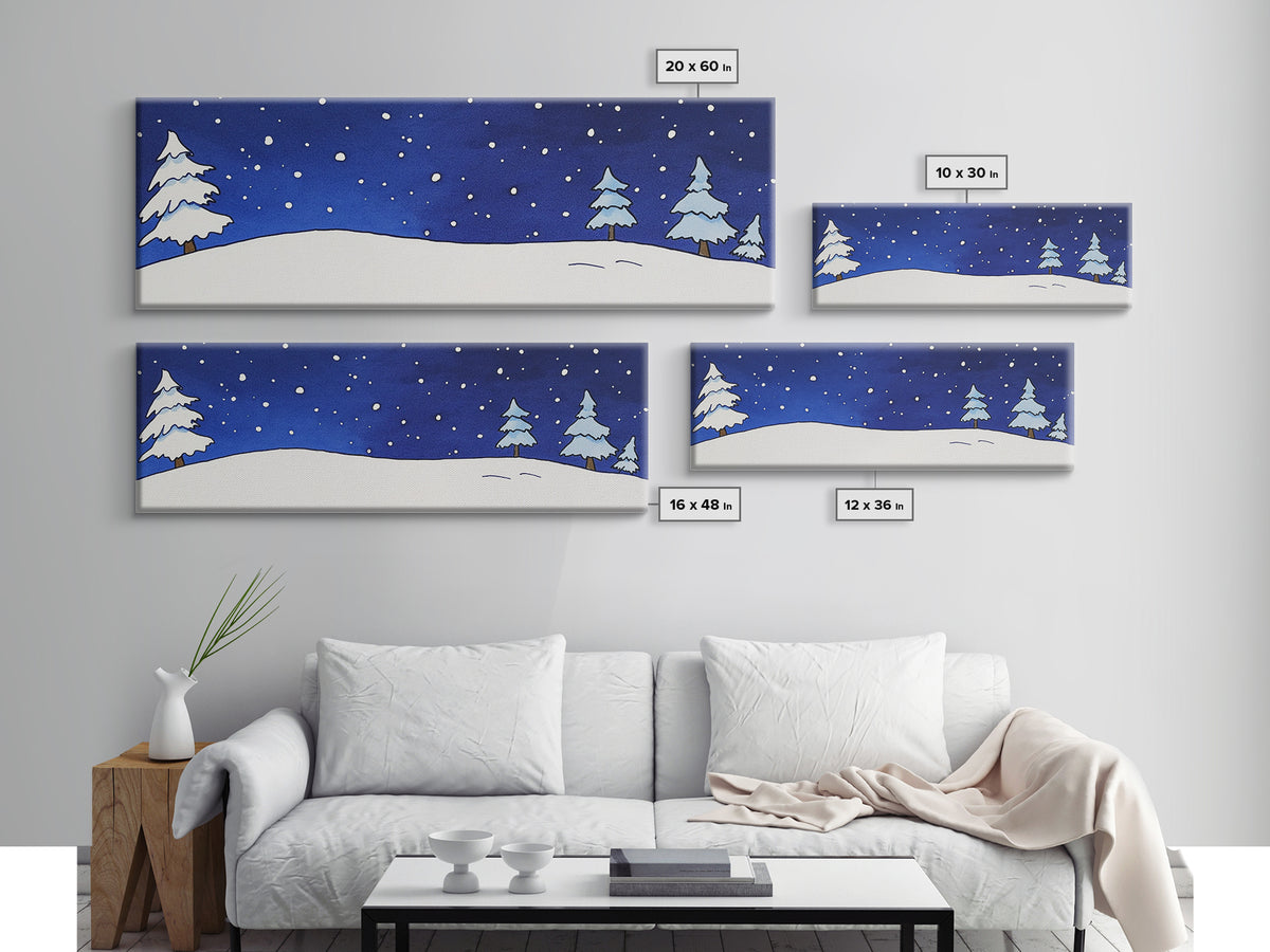 Snowy Pine Hill Under Starry Night Canvas Print, Minimal Winter Landscape, Nursery Wall Art, Cozy Bedroom Decor Gift Idea