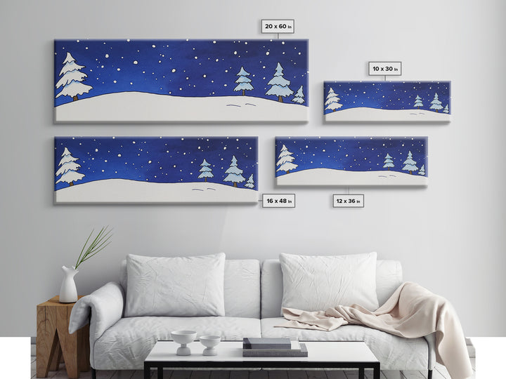 Snowy Pine Hill Under Starry Night Canvas Print, Minimal Winter Landscape, Nursery Wall Art, Cozy Bedroom Decor Gift Idea