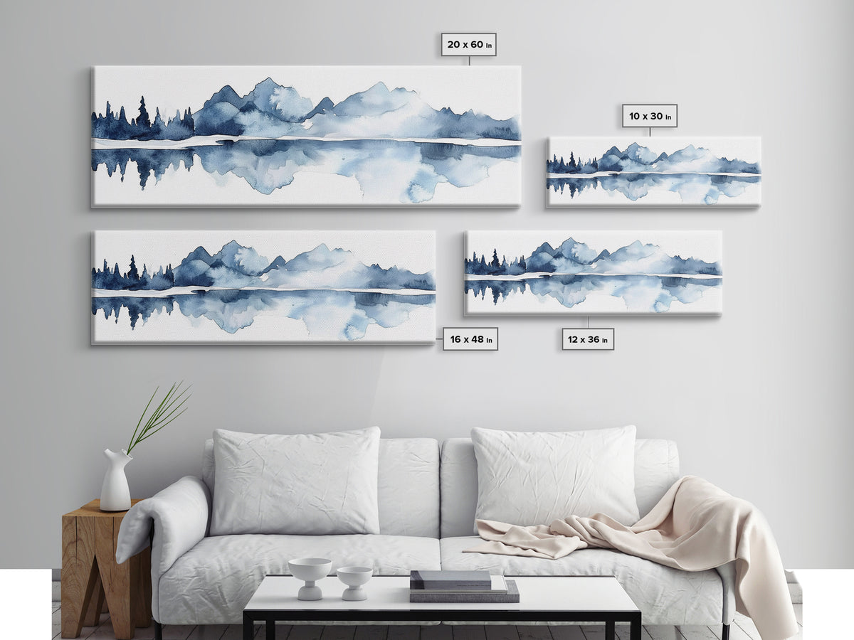 Blue Mountain Lake Reflection Canvas Print, Watercolor Landscape Wall Art, Modern Coastal Decor, Calm Living Room Art Print