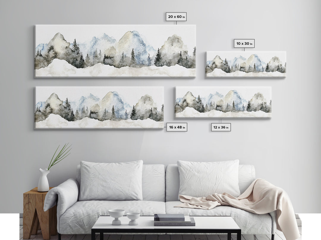 Misty Blue Mountains With Evergreen Pines Wall Art, Watercolor Landscape Print, Neutral Nature Decor, Japandi Bedroom Art