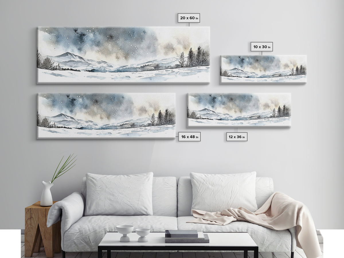 Snowy Mountain Valley Beneath Starry Sky Wall Art, Winter Landscape Painting, Rustic Nature Decor, Cabin Wall Decor Gift