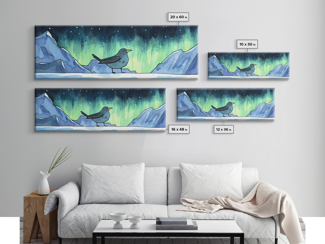 Aurora Bird On Snowy Arctic Mountains Canvas Print, Northern Lights Wall Art, Whimsical Animal Nursery Decor, Winter Gift