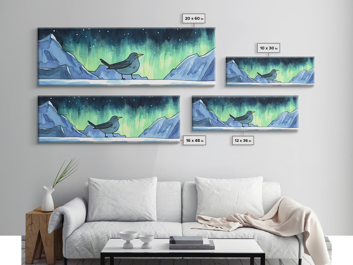 Aurora Bird On Snowy Arctic Mountains Canvas Print, Northern Lights Wall Art, Whimsical Animal Nursery Decor, Winter Gift