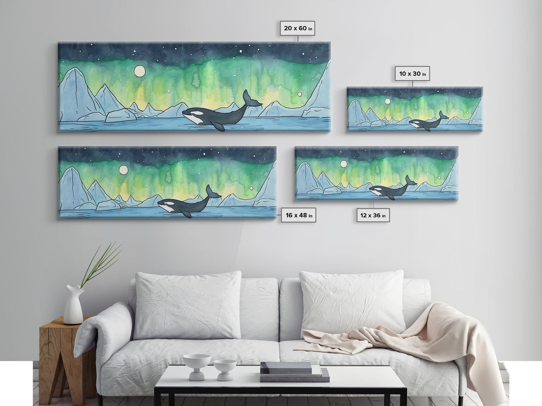 Orca Whale Under Northern Lights Wall Art, Arctic Seascape Canvas Print, Ocean Animal Art, Nautical Nursery Decor Gift Idea