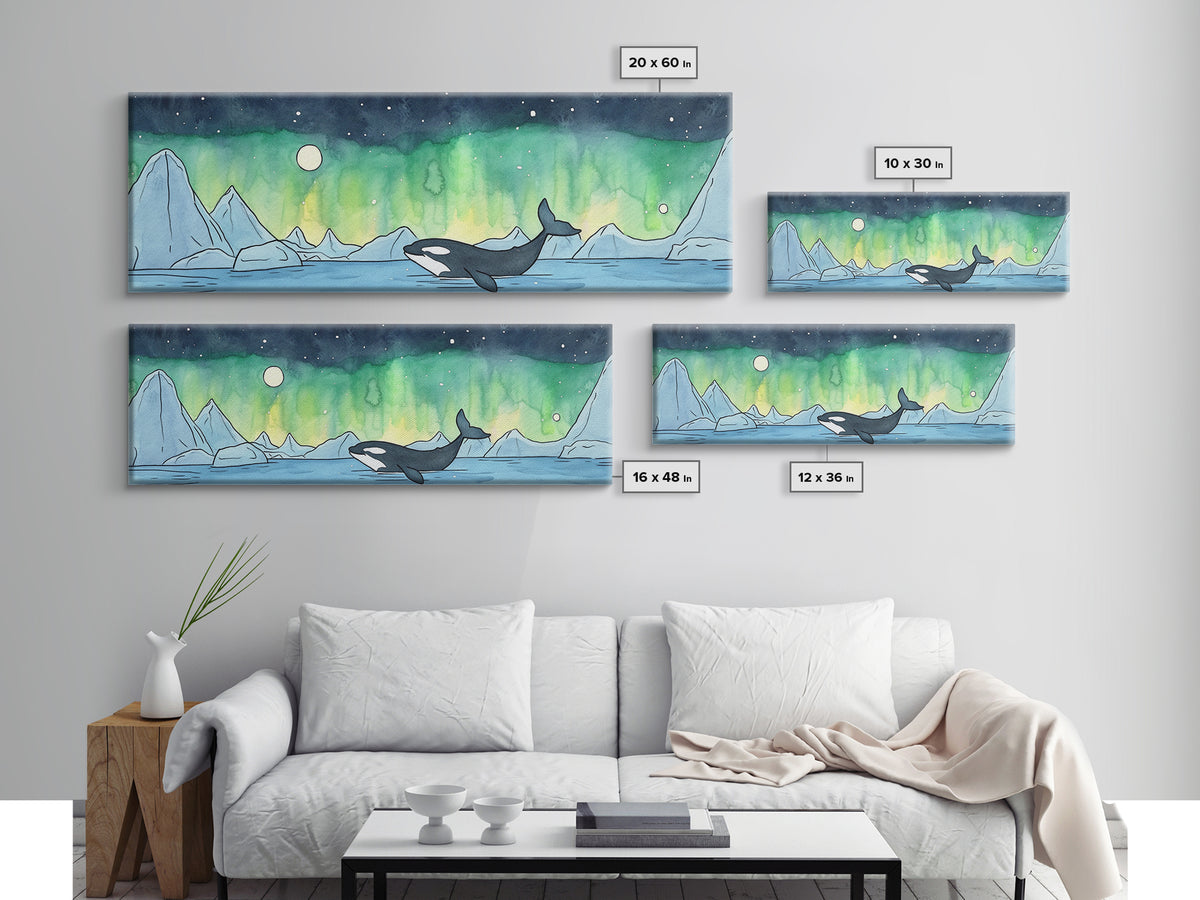 Orca Whale Under Northern Lights Wall Art, Arctic Seascape Canvas Print, Ocean Animal Art, Nautical Nursery Decor Gift Idea