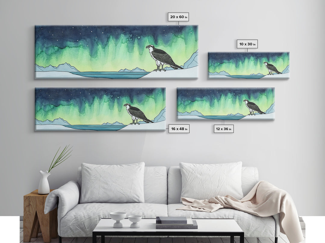 Osprey Over Icy Shore And Northern Lights Wall Art, Arctic Bird Canvas Print, Wildlife Nature Decor, Rustic Cabin Gift For Him
