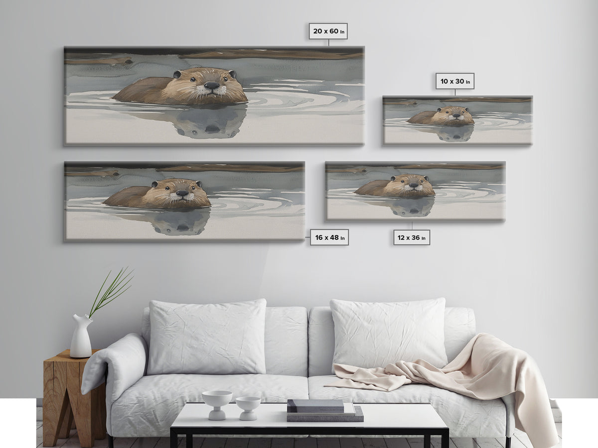 Swimming Otter In Moody Water Wall Art, Wildlife Canvas Print, Cozy Cabin Rustic Lake House Decor, Animal Lover Gift For Her