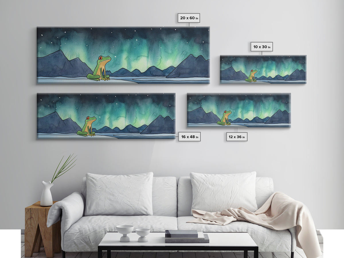Green Frog Under Northern Lights Wall Art, Whimsical Animal Print, Mountain Lake Nursery Decor, Kids Room Wall Decor Gift