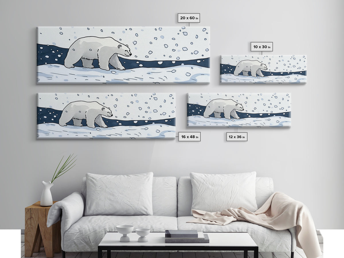 Polar Bear Walking In Falling Snow Canvas Print, Arctic Animal Wall Art, Winter Nursery Decor, Kids Room Wall Decor, Cabin Gift For Her