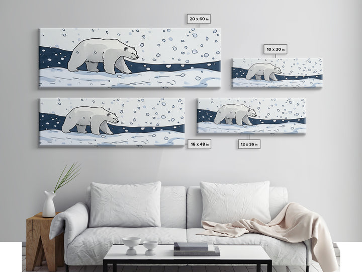 Polar Bear Walking In Falling Snow Canvas Print, Arctic Animal Wall Art, Winter Nursery Decor, Kids Room Wall Decor, Cabin Gift For Her