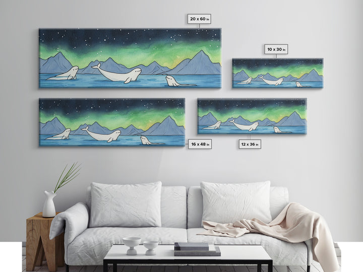 Beluga Whales Under Northern Lights Wall Art, Arctic Ocean Canvas Print, Wildlife Nursery Decor, Coastal Kids Room Art Print