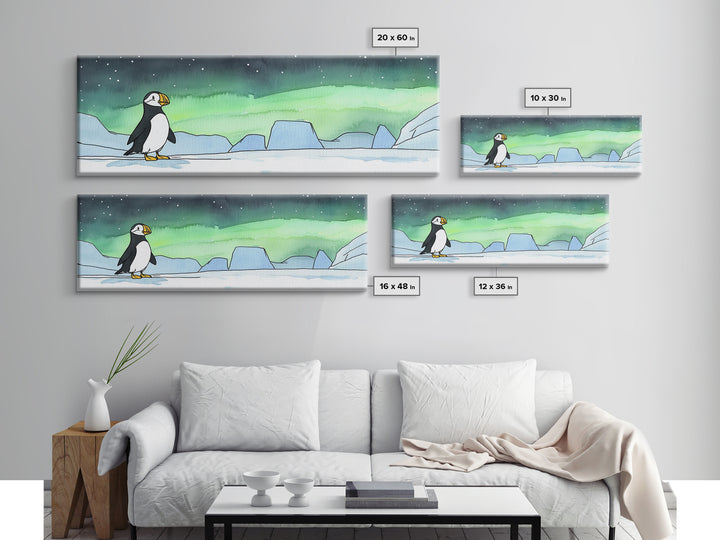 Puffin On Icy Shore Under Northern Lights Wall Art, Arctic Bird Canvas Print, Wildlife Nursery Decor, Coastal Wall Decor