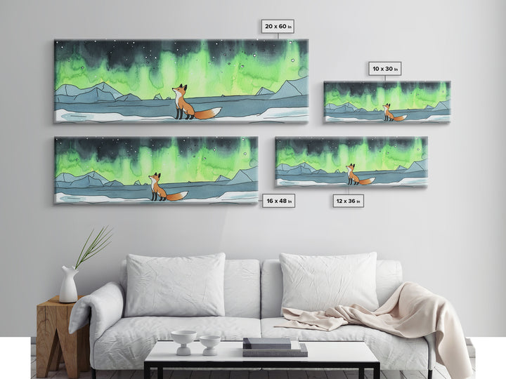 Fox Watching Northern Lights Wall Art, Arctic Wildlife Canvas Print, Woodland Animal Nursery Decor, Winter Landscape Print