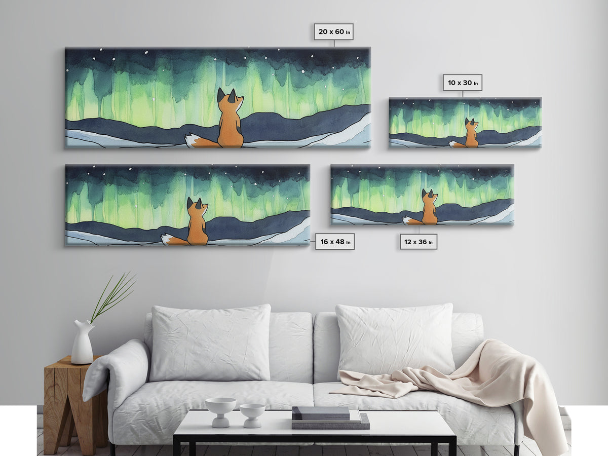 Fox Beneath Aurora Borealis Canvas Print, Winter Woodland Wall Art, Arctic Animal Decor, Cozy Nursery Art Print, Kids Room Decor