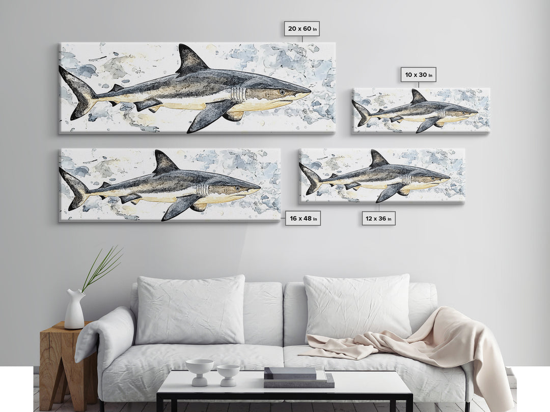 Great White Shark Watercolor Canvas Print, Ocean Wildlife Wall Art, Nautical Bathroom Decor, Coastal Kids Room Art Print