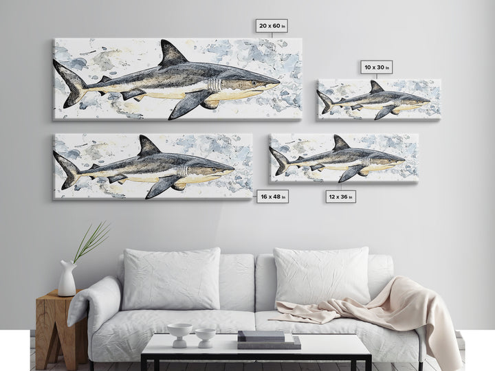 Great White Shark Watercolor Canvas Print, Ocean Wildlife Wall Art, Nautical Bathroom Decor, Coastal Kids Room Art Print