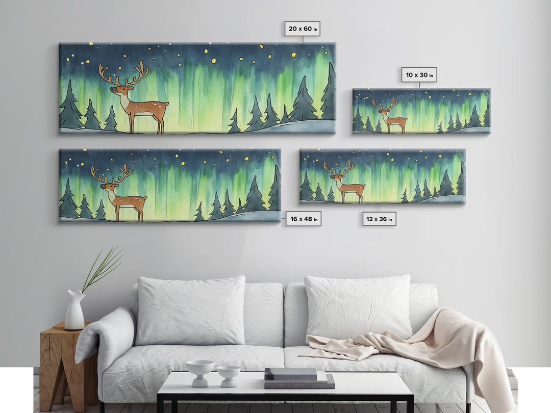 Deer Under Northern Lights Wall Art, Winter Forest Canvas Print, Rustic Wildlife Decor, Woodland Nursery Art Print, Cabin Wall Decor