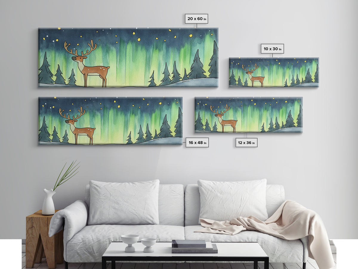 Deer Under Northern Lights Wall Art, Winter Forest Canvas Print, Rustic Wildlife Decor, Woodland Nursery Art Print, Cabin Wall Decor