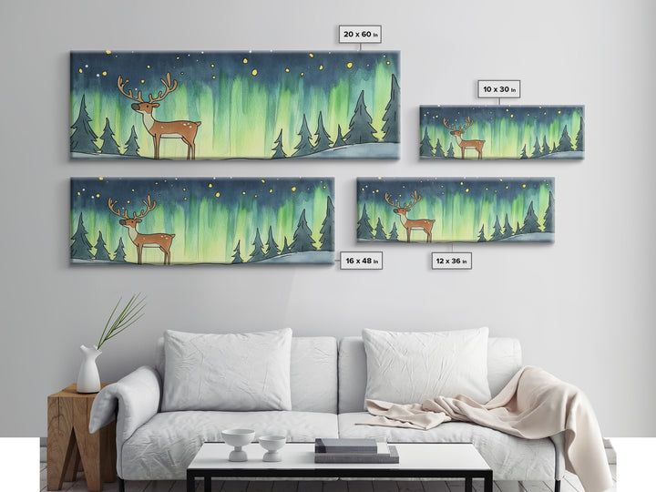Deer Under Northern Lights Wall Art, Winter Forest Canvas Print, Rustic Wildlife Decor, Woodland Nursery Art Print, Cabin Wall Decor