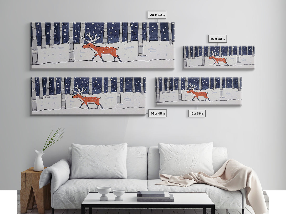 Snowy Birch Forest Reindeer Wall Art, Whimsical Woodland Animal Print, Winter Nursery Decor, Rustic Cabin Home Decor Gift
