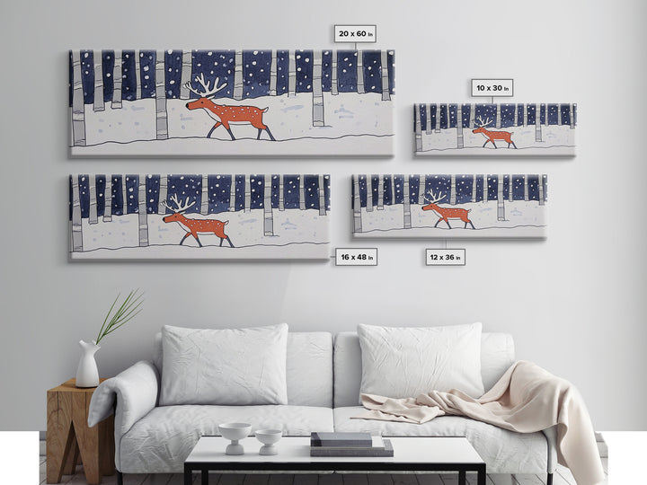 Snowy Birch Forest Reindeer Wall Art, Whimsical Woodland Animal Print, Winter Nursery Decor, Rustic Cabin Home Decor Gift