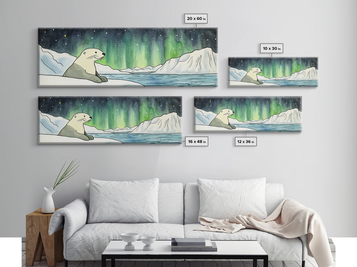 Polar Bear Northern Lights Wall Art, Arctic Wildlife Print, Winter Landscape Decor, Coastal Ocean Nursery Wall Decor Gift