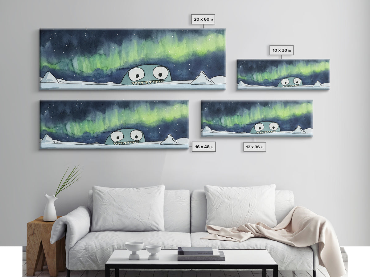 Cute Sea Monster Northern Lights Wall Art, Whimsical Arctic Print, Kids Room Decor, Playroom Nursery Wall Decor Gift For Kids