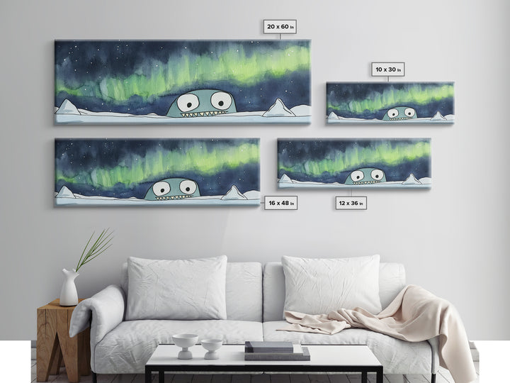 Cute Sea Monster Northern Lights Wall Art, Whimsical Arctic Print, Kids Room Decor, Playroom Nursery Wall Decor Gift For Kids
