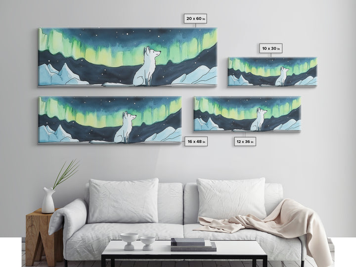 Arctic Fox Under Green Northern Lights Canvas Print, Aurora Borealis Wall Decor, Winter Nursery Art, Celestial Nature Gift