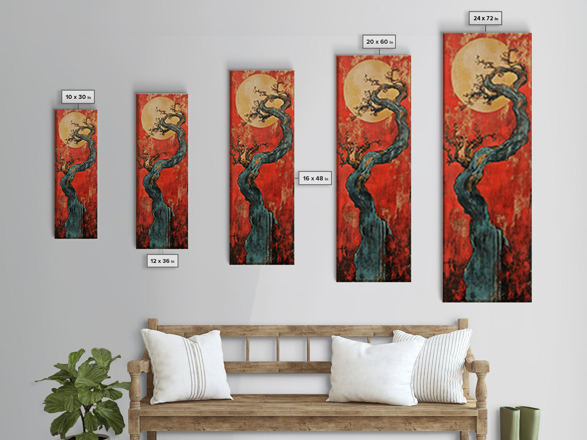 Twisted Blue Tree And Full Moon Framed Canvas Print, Japanese Wall Art, Red Sunset Decor, Long Narrow Statement Artwork Print