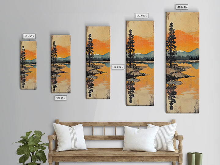 Orange Mountain Lake Reflection Canvas Print, Japanese Landscape Wall Art, Pine Forest Decor, Serene Sunset Living Room Art