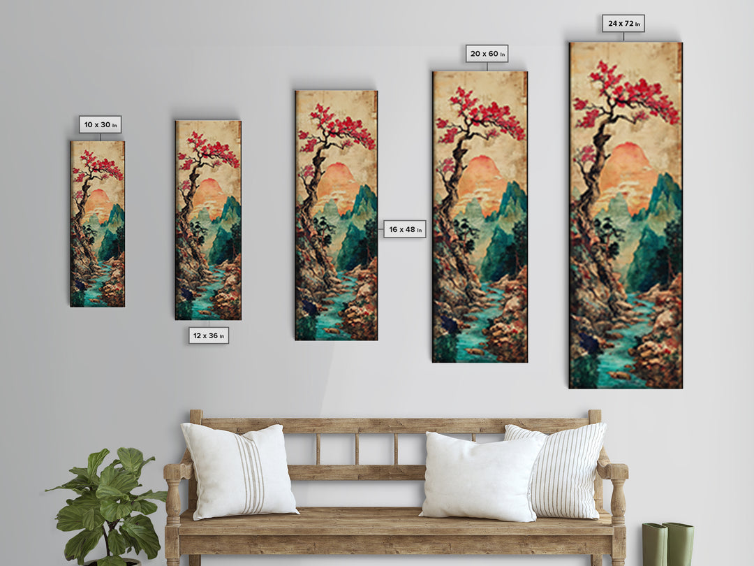 Cherry Blossom Mountain River Canvas Print, Japanese Landscape Wall Art, Teal Nature Decor, Romantic Spring Home Decor Print