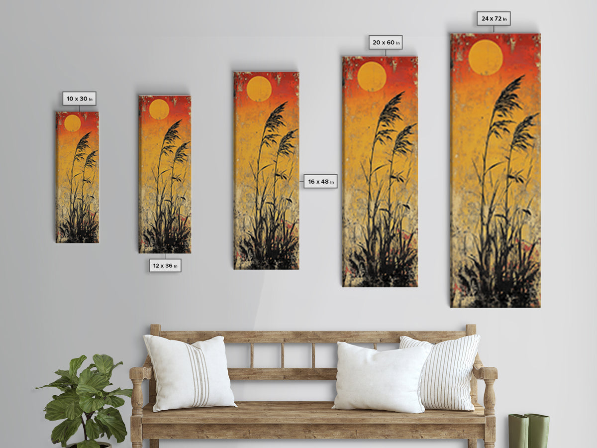 Golden Sun Reeds Silhouette Wall Art, Japanese Minimalist Print, Warm Orange Decor, Long Narrow Boho Canvas Print Home Decor